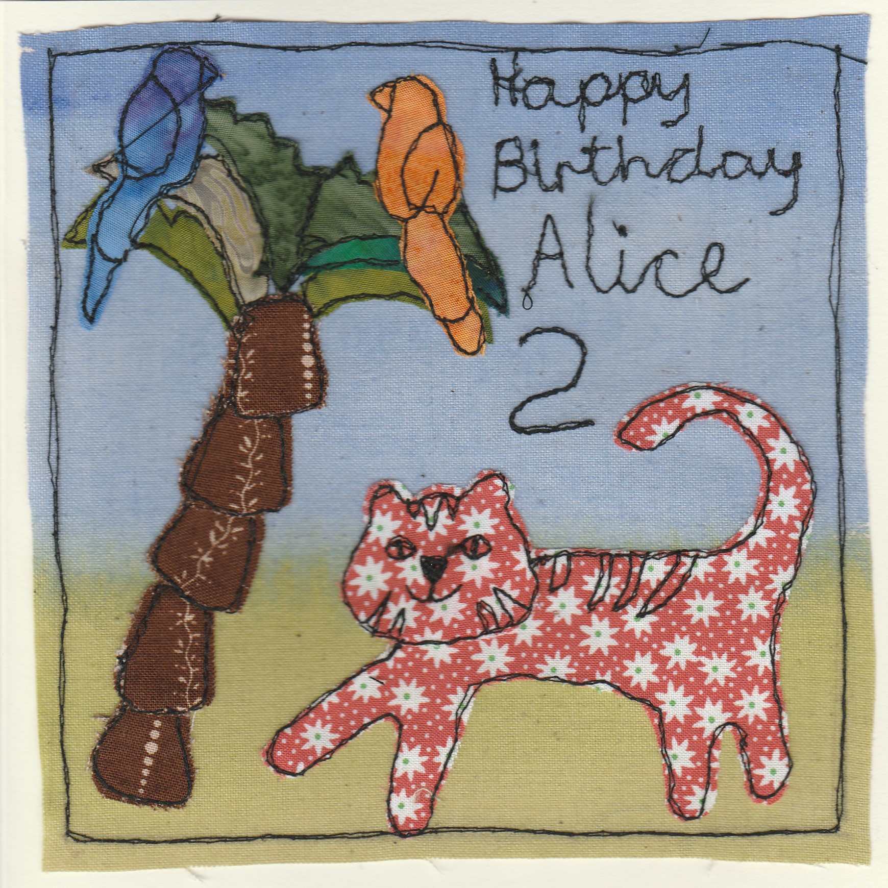 Freehand machine sewn gift card with cat under palm tree with birds