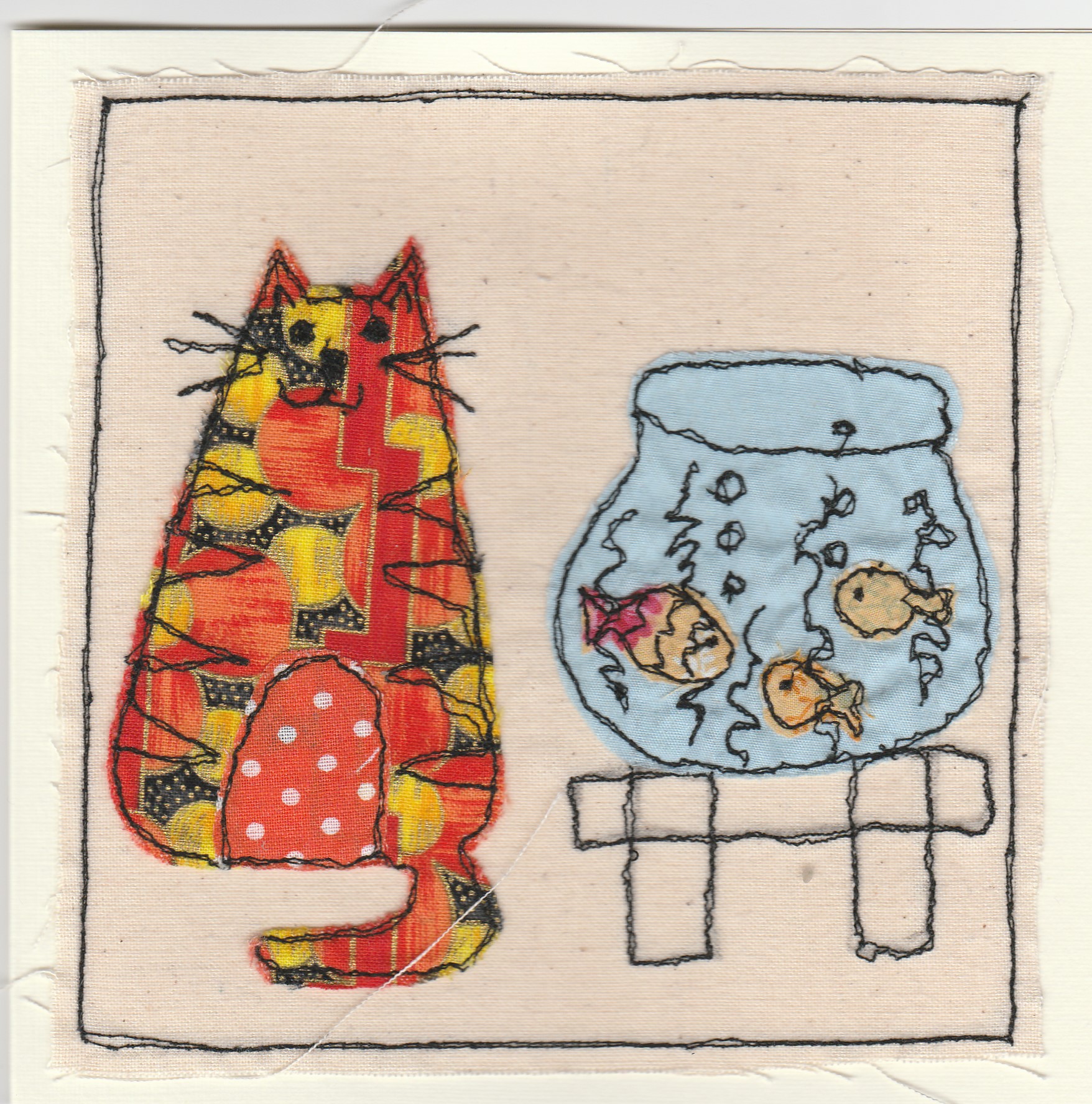 Freehand machine sewn gift card with cat next to fishbowl