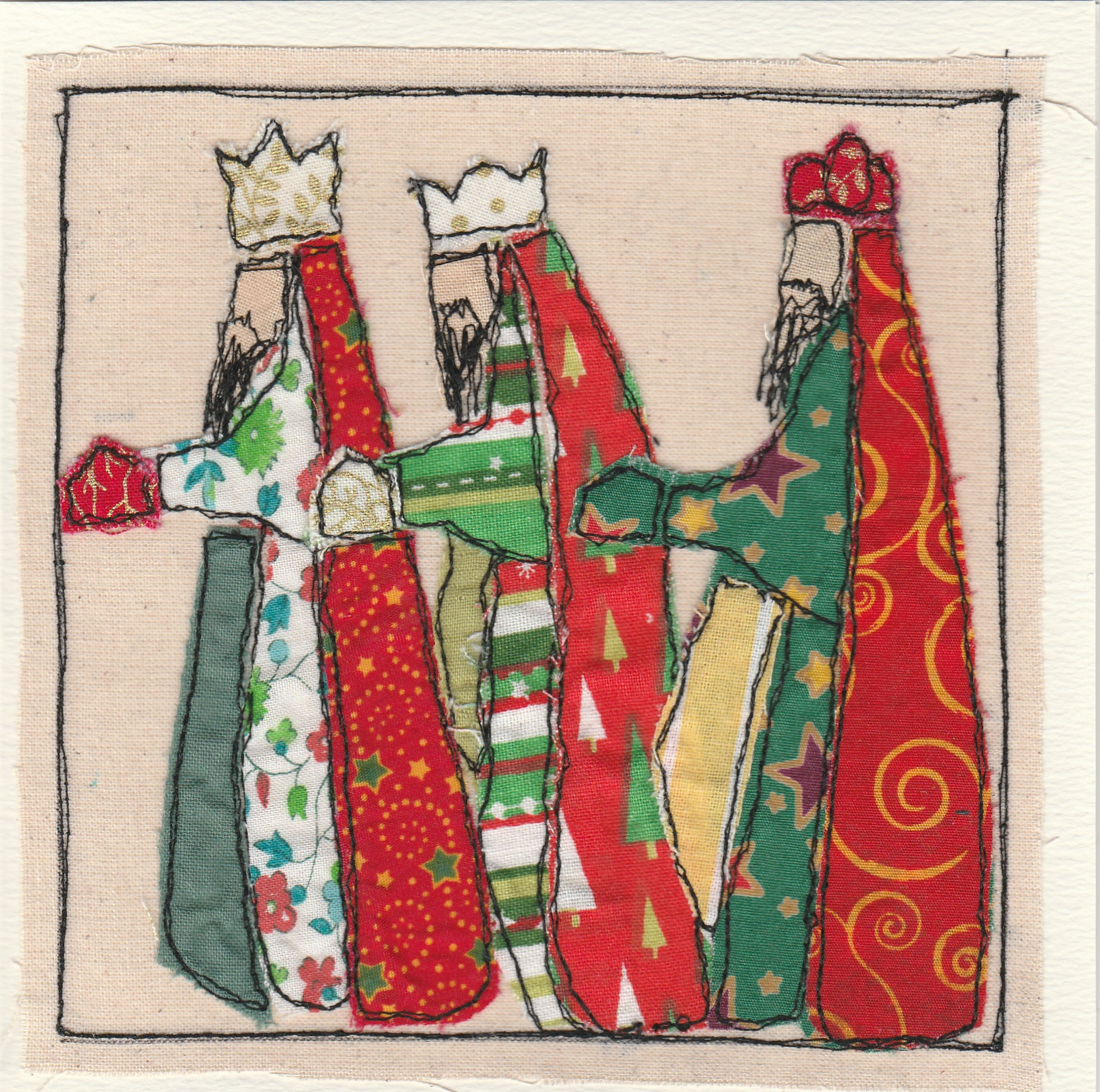 Freehand machine sewn christmas card with three kings