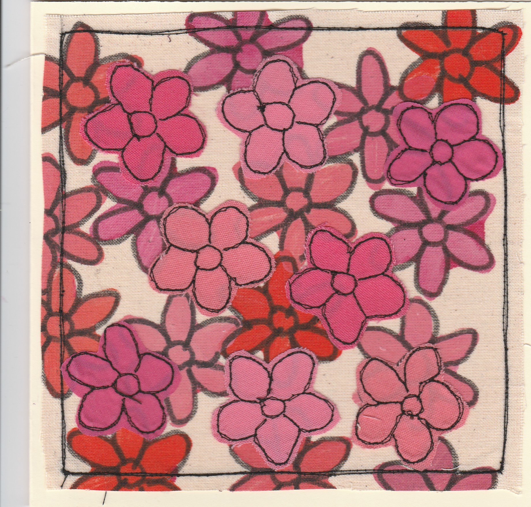 Freehand machine sewn gift card with pink flowers