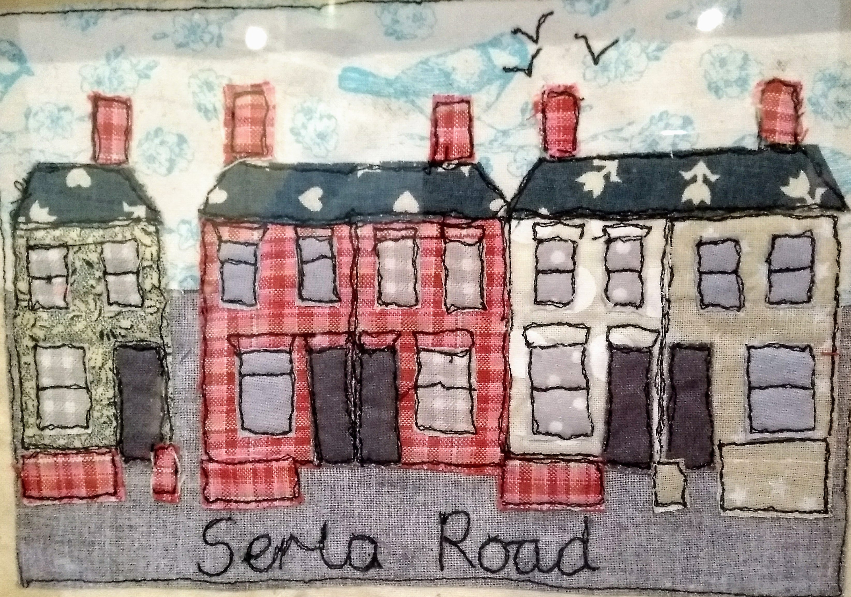 Freehand machine sewn picture of street in Gloucester