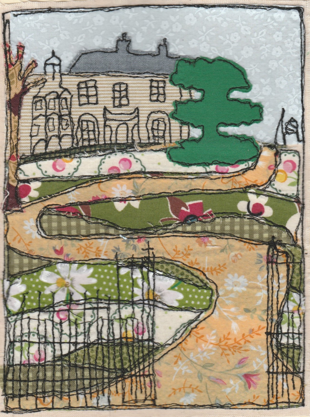 Freehand machine sewn gift card with picture of Brockwell Park