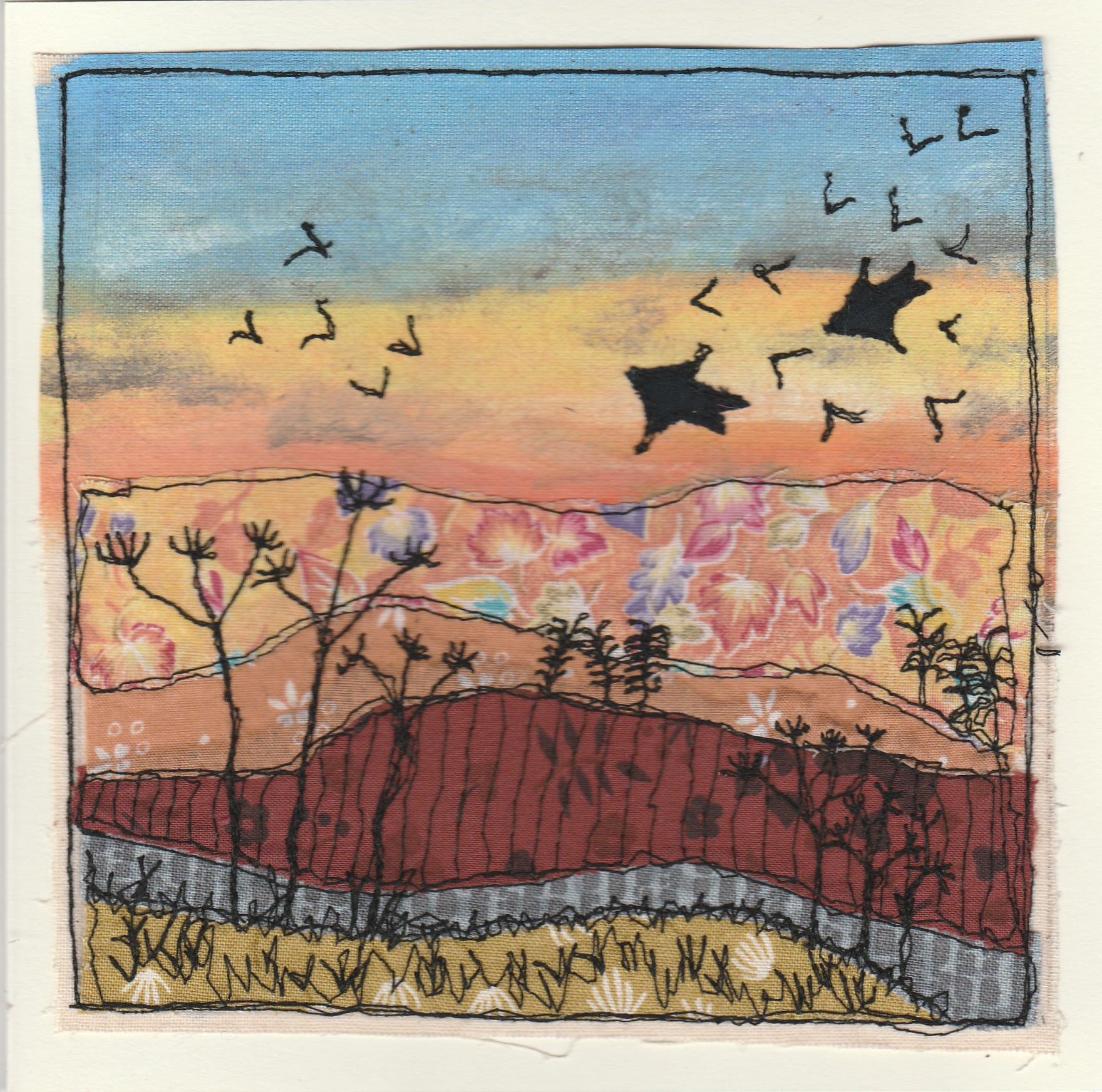 Freehand machine sewn gift card with crows in autumnal field