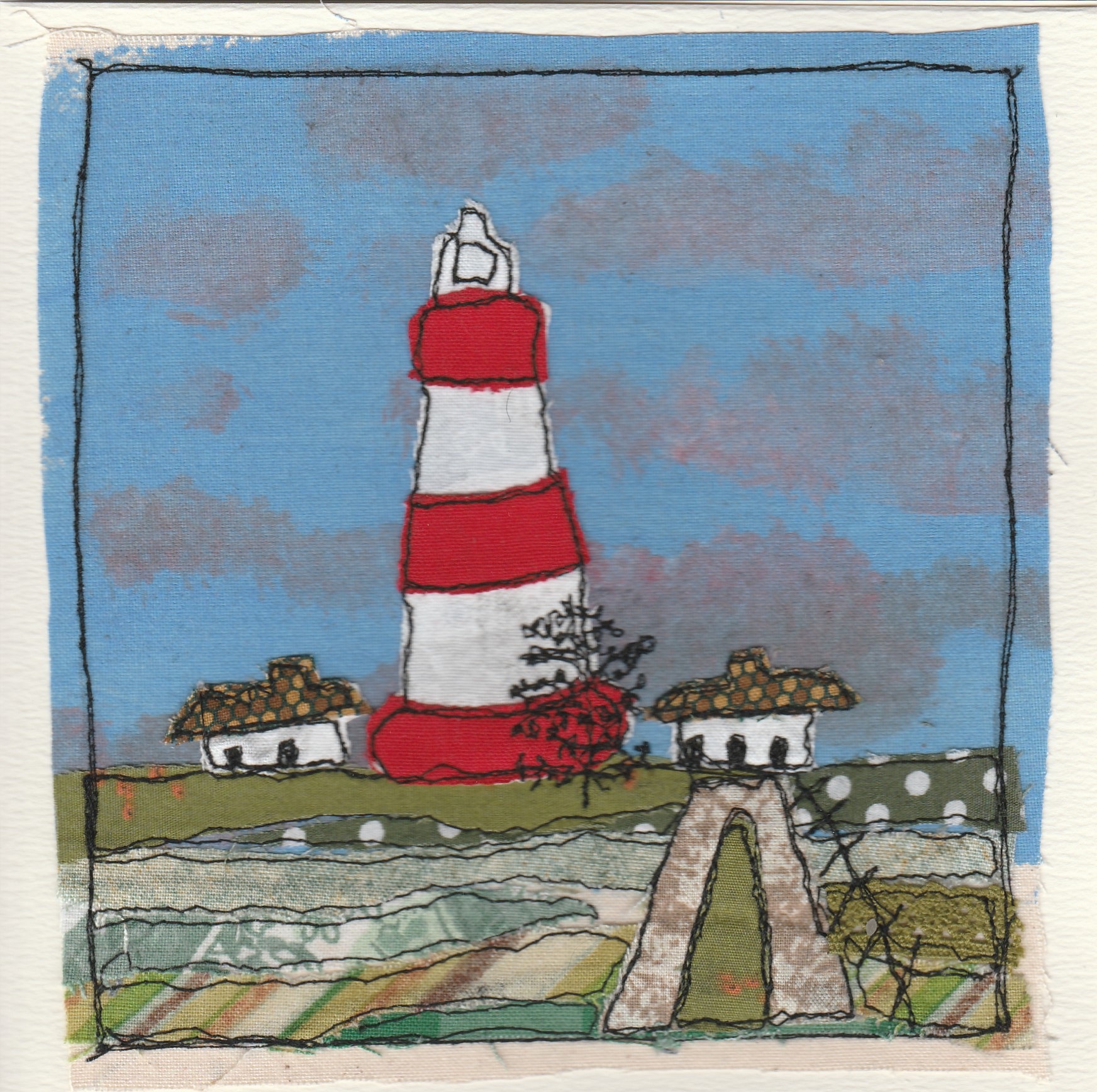 Freehand machine sewn gift card with picture of lighthouse