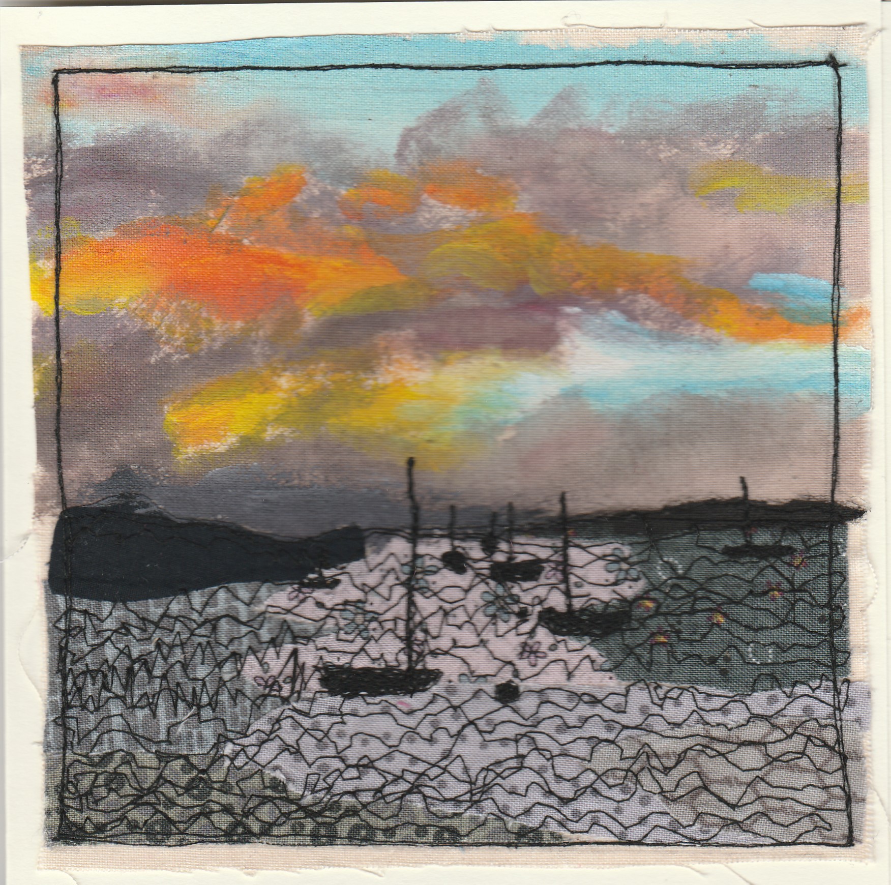 Freehand machine sewn gift card with boats on sea at dusk